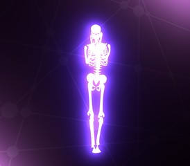 Human skeleton posing. Halloween party design template. 3D rendering