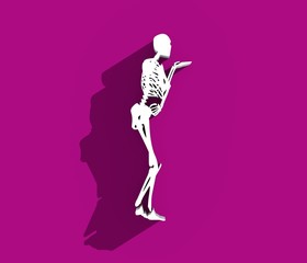 Human skeleton who sends an air kiss. Halloween party design template. 3D rendering. Web icon with long shadow