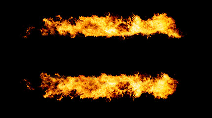 Copy space between two fire lines, flame frame isolated on black