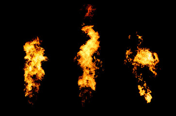 Set of three isolated flame jets. Fire stream goes from flamethrower