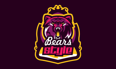 Colorful emblem of an aggressive bear. Sports logo bear. Forest predator, wild beast. Vector illustration