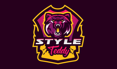 Colorful emblem of an aggressive bear. Sports logo bear. Forest predator, wild beast. Vector illustration