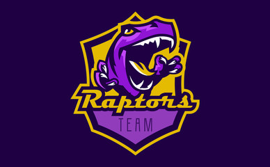 The emblem of an aggressive dinosaur, sharp teeth. Sports logo dino. Extinct predatory, Jurassic period. Vector illustration