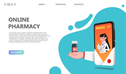 Online drugstore healthcare pharmacy concept. Internet drugstore. Medical diagnosis in hospital. Woman doctor online landing page. Illustration of web doctor and healthcare app on smartphone - Vector