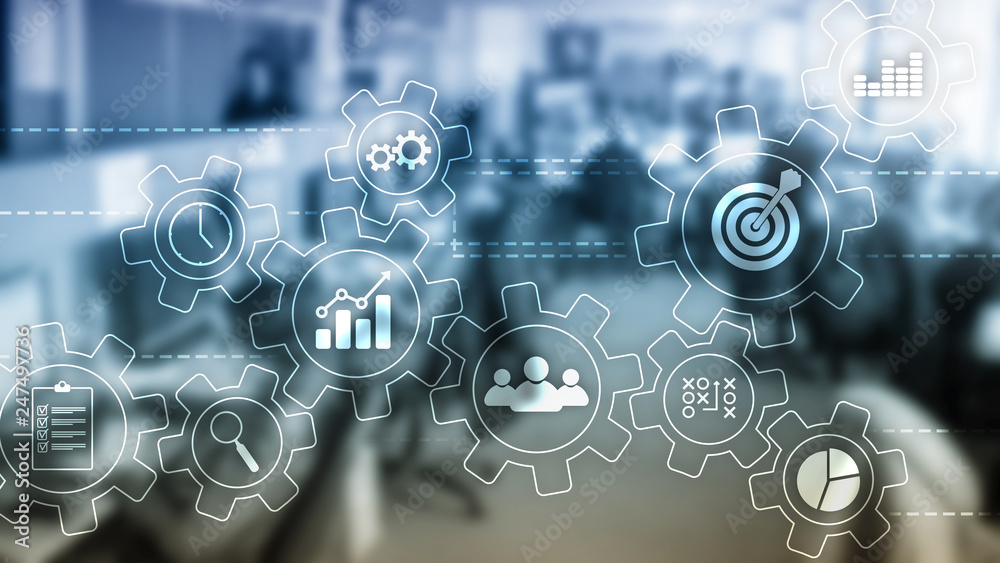 Wall mural business process automation concept. gears and icons on abstract background