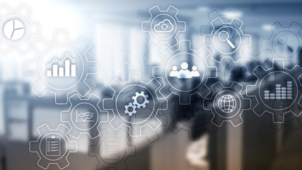 Business process abstract diagram with gears and icons. Workflow and automation technology concept.