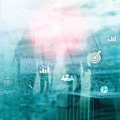 Business process automation concept. Gears and icons on abstract background.
