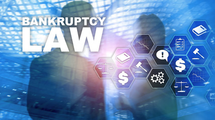 Bankruptcy law concept. Insolvency law. Judicial decision lawyer business concept. Mixed media financial background.