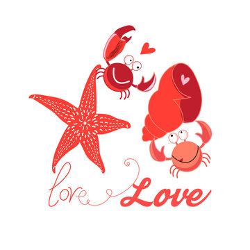Festive bright card with crabs in love on white background