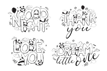 Greeting card set design with cute panda bears and quotes 
