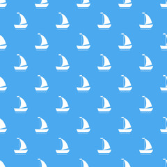 Fototapeta premium Vector seamless pattern with cartoon white ships on blue background.