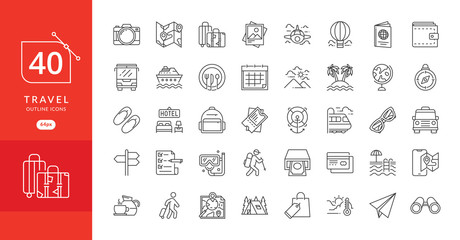 Simple travel icons set. Travel and vacation icon set. Travel, flight, accommodation, destination booking and more, thin line icons set, vector illustration
