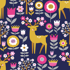 Obraz premium Seamless vector pattern with cute deers and blooming trees on dark blue background. 