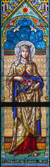 PRAGUE, CZECH REPUBLIC - OCTOBER 17, 2018: The St. Elizabeth of Hungary on the stained glass in church Svatého Cyrila Metodeje designed by Josef Mocker (end of 19. cent.).