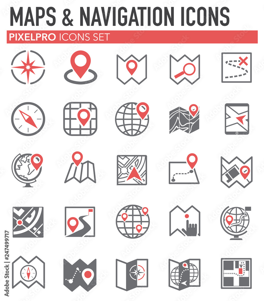 Poster map and navigation icons set on white background for graphic and web design, modern simple vector si