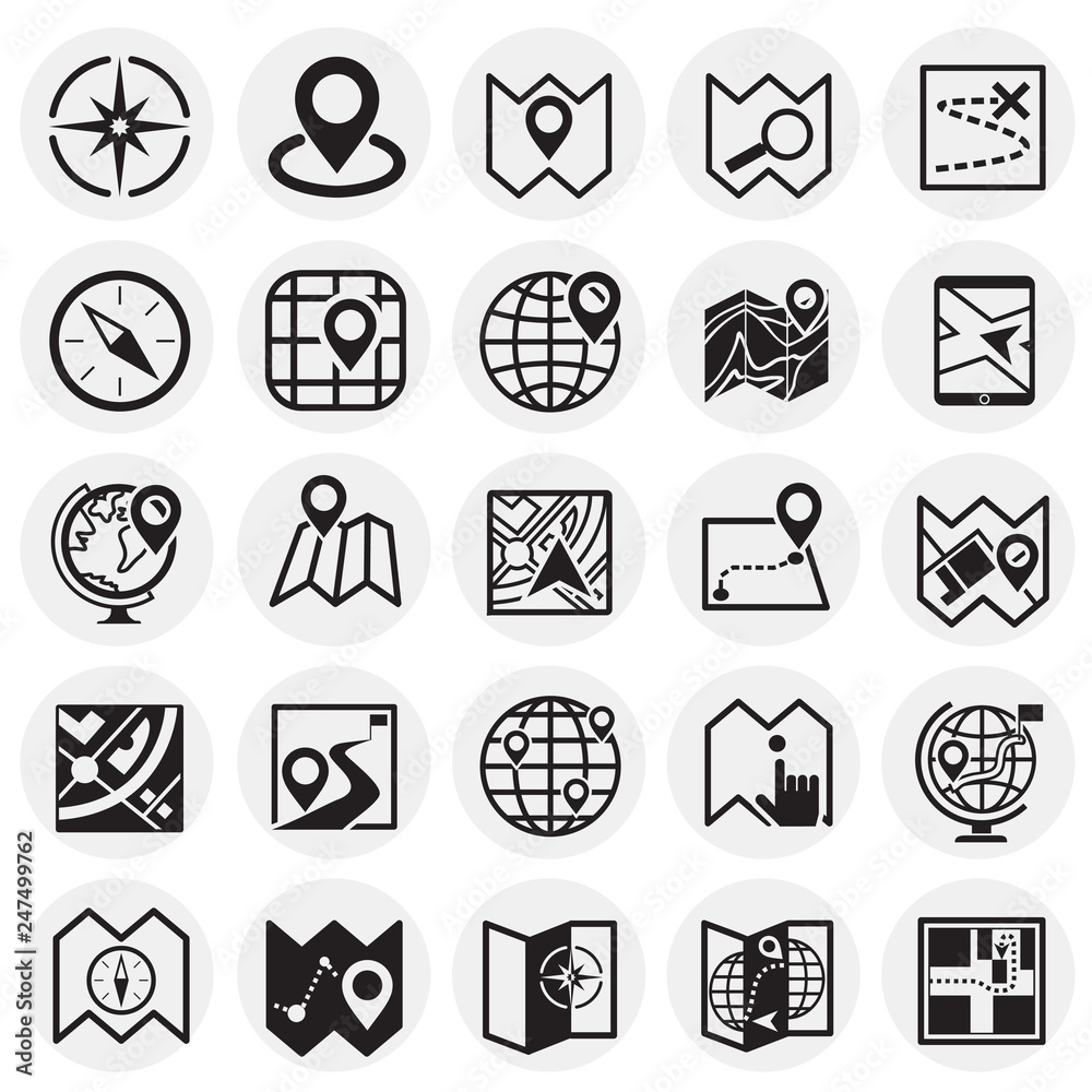Poster map and navigation icons set on circles background for graphic and web design, modern simple vector 
