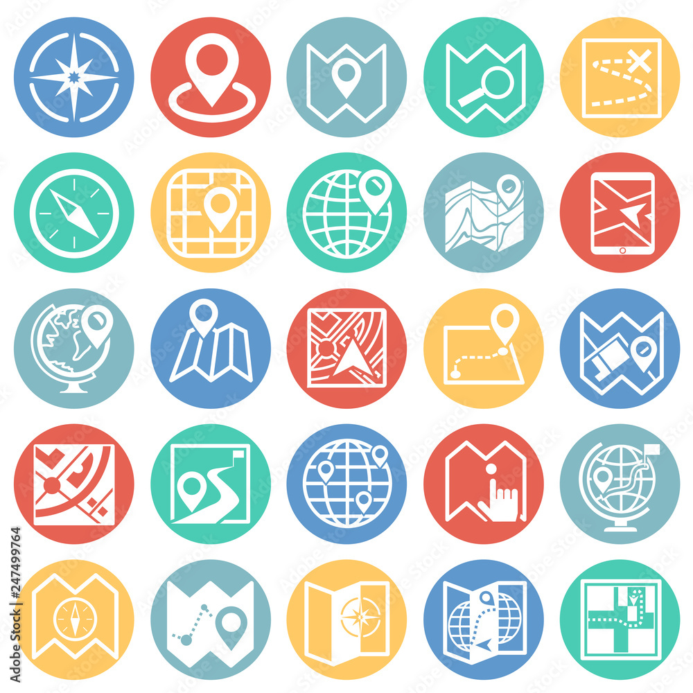 Poster map and navigation icons set on color circles white background for graphic and web design, modern si