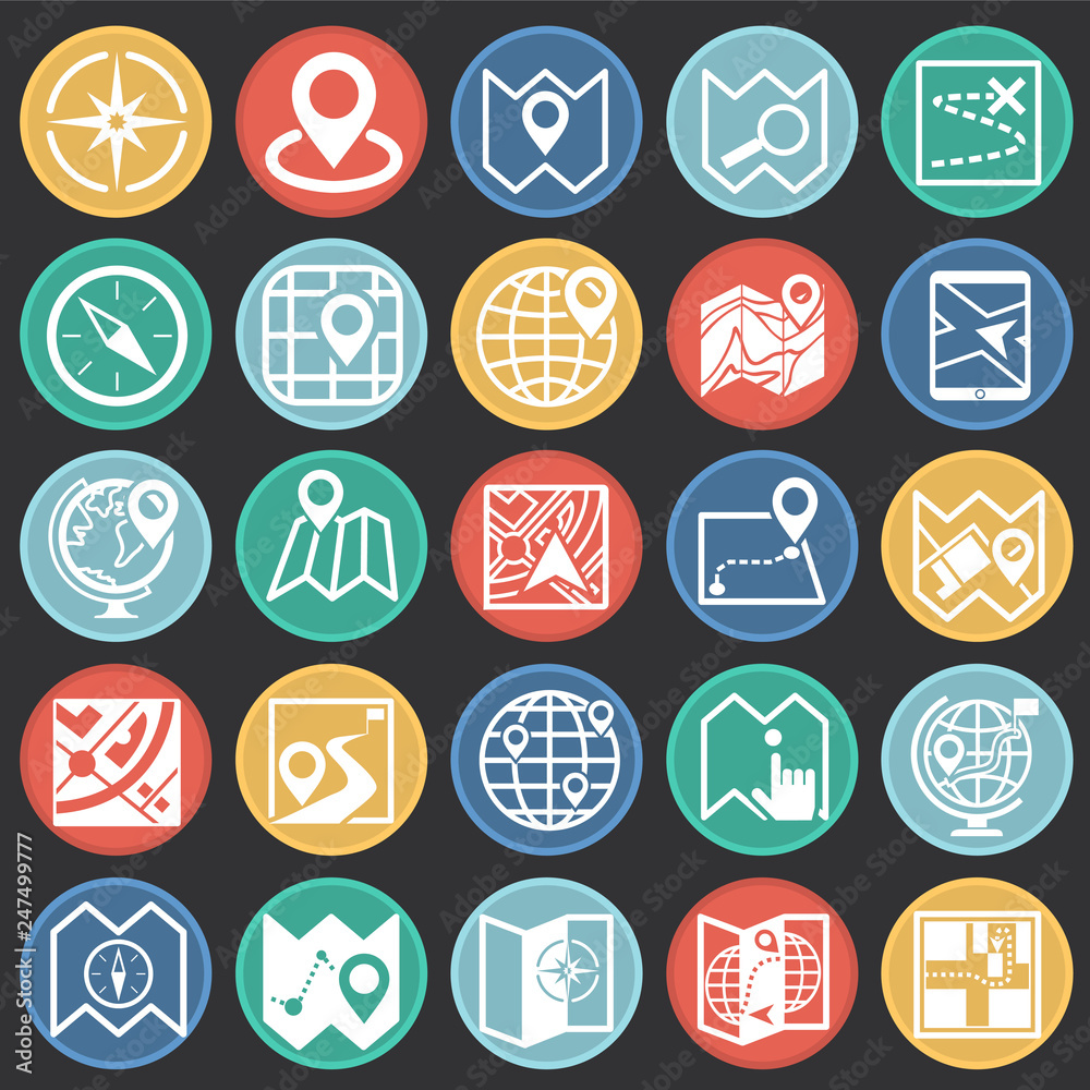 Poster map and navigation icons set on color circles black background for graphic and web design, modern si