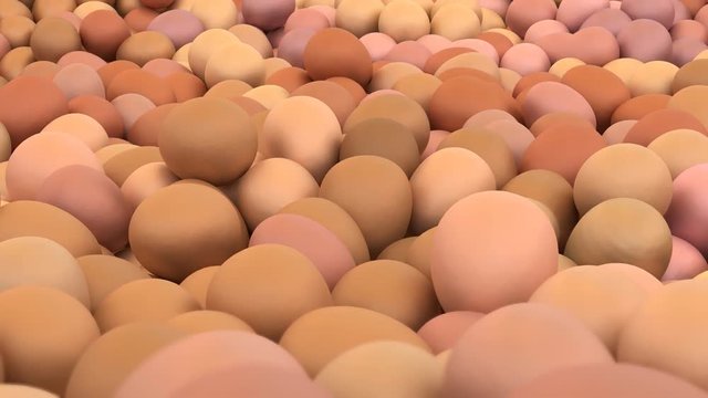 Animated rotation around pile of regular eggs lying on white base and against white background. Full 360 degree spin and loop able.