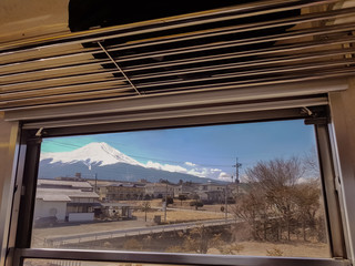 The beautiful scenery of Fujisan and the community Looking through the running train window