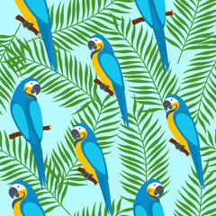 Parrots and tropical leaves. Seamless pattern. Vector illustration. 