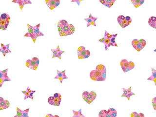 Seamless pattern made from abstract stars and hearts. Stars and hearts from different spring flowers. Isolated elements on a white background.