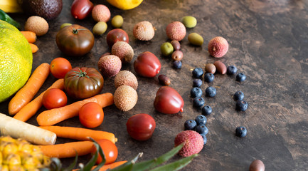 fresh fruits and vegetables on the stone table. zero waste concept