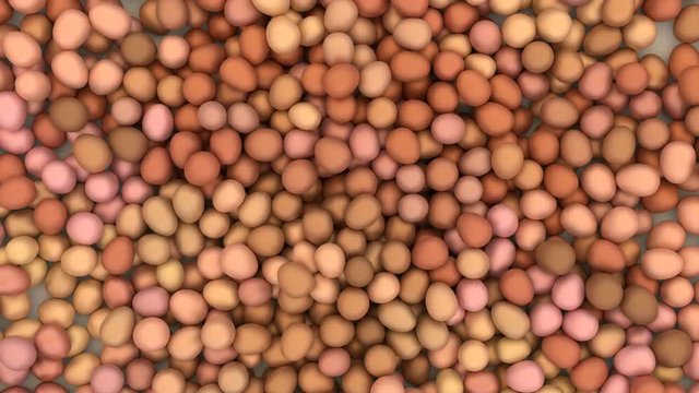Animated top view and rotating around pile of regular eggs on white base and against white background. Full 360 degree spin and loop able.