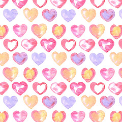 Watercolor hand drawn set of hearts. Seamless pattern