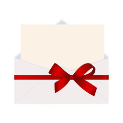 Letter in an envelope decorated with Shiny Red Satin Gift Bow. Envelope with Clean Card.