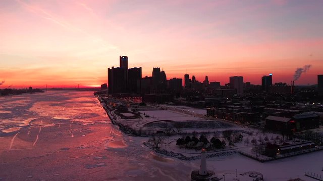 Detroit downtown aerial view in Winter with dramatic sunset