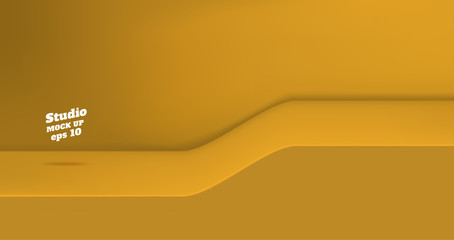 Obraz premium Vector,Empty vivid yellow color studio table with slope step room background ,product display with copy space for display of content design.Banner for advertise product on website