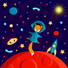 Fox in a spacesuit on a red planet. Moon, Sun, Saturn, Earth, other planets, rocket. Stars, comets, space