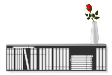 Book shelf mockup with different design book templates and mockup of vase with red color rose. Vector illustration.