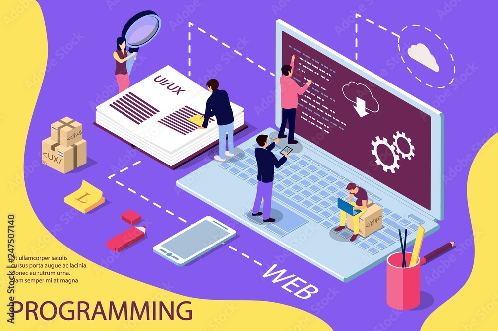 Wall mural programming concept banner. can use for web banner, infographics, hero images. flat isometric vector