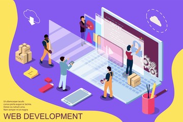 Web development design concept with character and text place. Can use for web banner, infographics, hero images. Flat isometric vector illustration