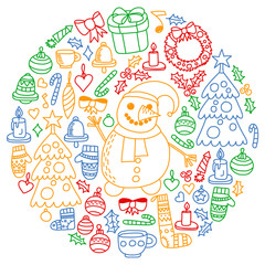 Vector set of Christmas, holiday winter days 2019, 2020, vector illustration. New Year's pattern, children's drawings with a teacher icons in doodle style. Painted, colorful, pictures on a piece of