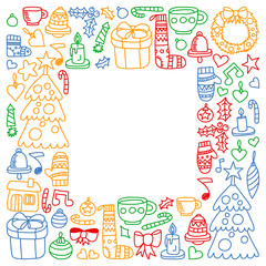 Vector set of Christmas, holiday winter days 2019, 2020, vector illustration. New Year's pattern, children's drawings with a teacher icons in doodle style. Painted, colorful, pictures on a piece of