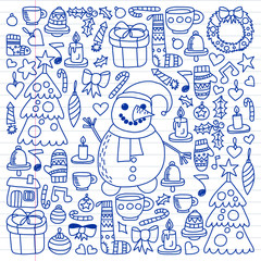 Vector set of Christmas, holiday winter days 2019, 2020, vector illustration. New Year's pattern, children's drawings with a teacher icons in doodle style. Painted, colorful, gradient on a piece of