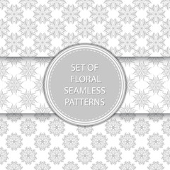 Floral seamless patterns compilation. Gray designs on white backgrounds