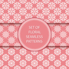 Fototapeta premium Floral seamless patterns compilation. White designs on pink backgrounds