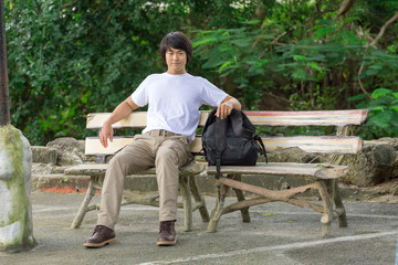 Fototapeta premium male tourist in the park. Tourism and travel concept, cargo pants