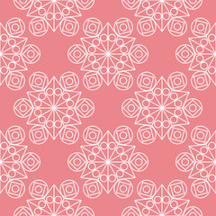  Geometric mixed shape seamless pattern. Pink and white background