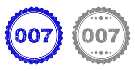 007 stamp seals with grunge texture in blue and gray colors isolated on white background. Vector rubber imprint of 007 tag inside round rosette. Stamp seals with unclean textures.