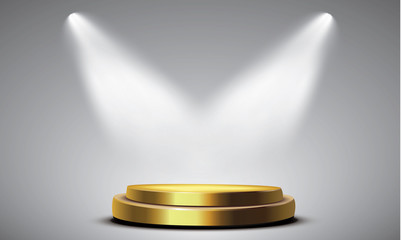 Round podium, pedestal or platform illuminated by spotlights on white background. Stage with scenic lights. Vector illustration.