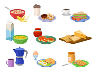 Flat vector set of breakfast icons. Tasty food and drink. Delicious morning meal. Nutrition theme