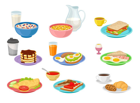 Flat vector set of food and drink icons. Tasty breakfast. Appetizing morning meal. Nutrition theme