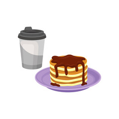 Stack of sweet pancakes with chocolate syrup, fresh coffee in plastic cup. Tasty breakfast. Flat vector design