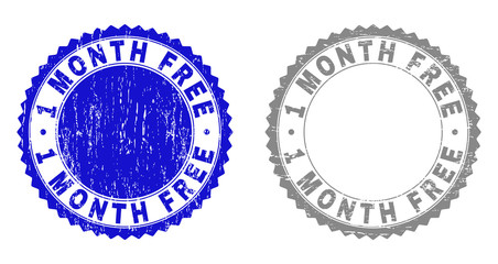 1 MONTH FREE stamp seals with grunge texture in blue and grey colors isolated on white background. Vector rubber watermark of 1 MONTH FREE tag inside round rosette. Stamp seals with grunge textures.