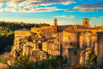 Tuscany, Sorano medieval village sunset panorama. Maremma, Italy